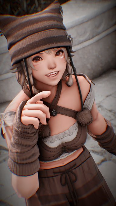 A 3D-rendered anime-style character with grey hair smiles up at the camera while wearing a striped beanie, a brown vest with pom-poms, and fingerless arm warmers.