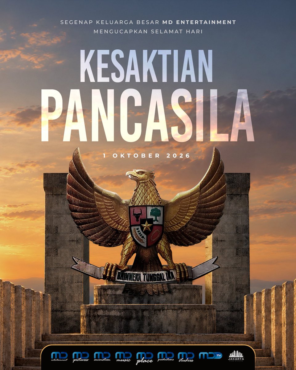 MDEntertainment's tweet photo. Satu bangsa, satu tanah air, dan satu semangat persatuan.
Selamat memperingati Hari Kesaktian Pancasila, 1 Oktober 2026!🇮🇩
#MDEntertainment
#MDPictures
#MDTV
#MDGroup https://t.co/lbGzALJHPI