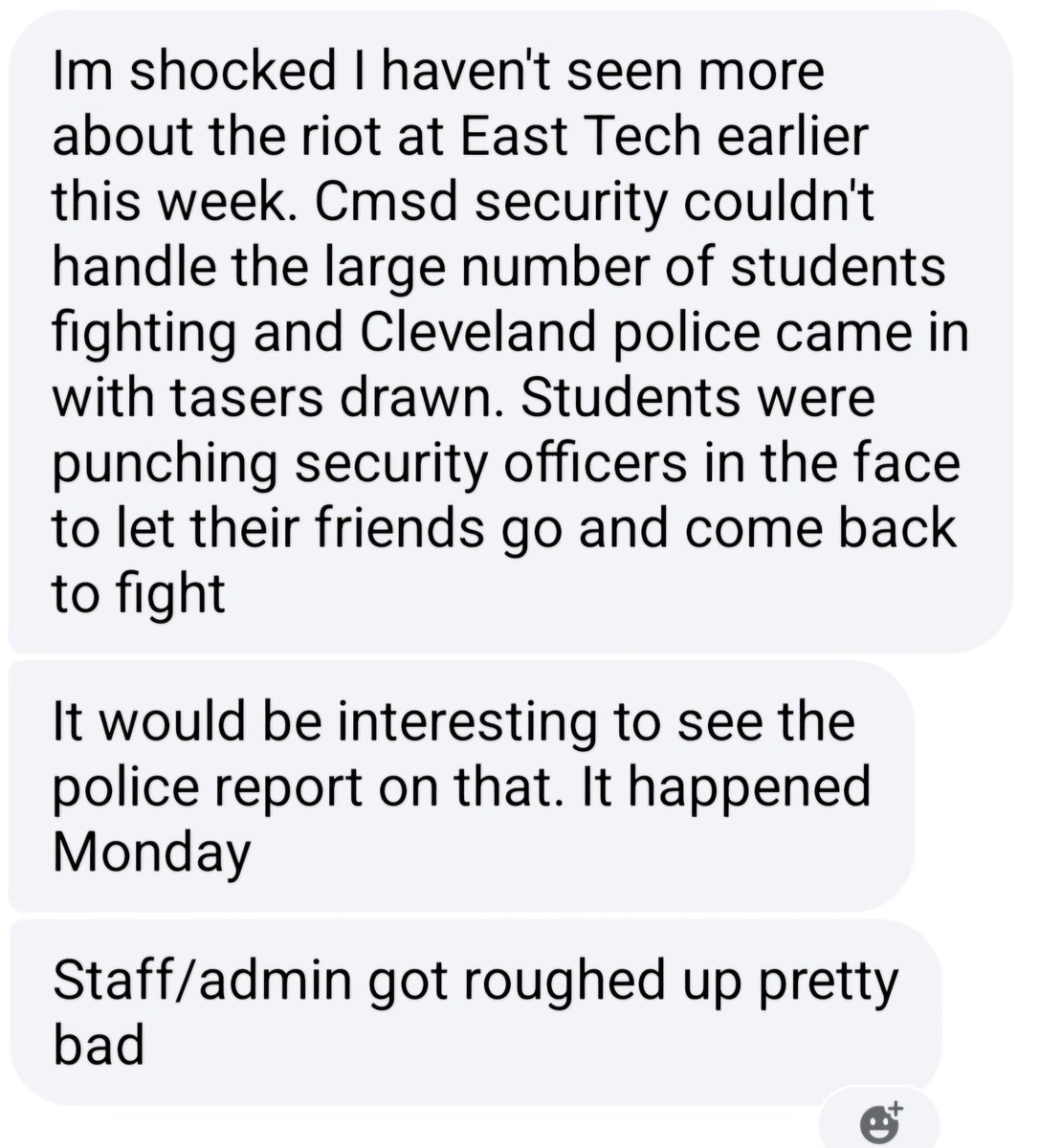 karr_pe's tweet photo. I got the following messages today from someone who works inside East Tech High School, a CMSD school. None of this was on the news. Nobody cares about these kids or the staff inside this high school. https://t.co/9DdlD4WYGt