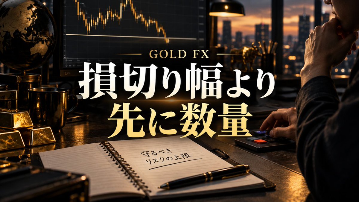 FXCFD_'s tweet photo. 【損切り幅を広げる前に】数量の方を下げてみる話

先週の夕方、GOLDの買い候補を見ていた時の話です。上位足では下げが止まっているのを確認できていて、上の止まりまではまだ空白がありました。あとは下位足と行き来しながら、入る場所を探すだけのつもりだったんです。

ところが、買いの前提が消える安値までが思ったより遠い。いつもの数量のまま注文欄を開いたら、想定損失が自分で決めた一回の上限を少しはみ出していました。数字を見て、一度マウスから手を離したのを覚えています。

正直に言うと、ここで損切りを少し近くへずらせば数字は収まるんですよね。損切りが近ければ、上の止まりまでの空白も割に合うように見えてくる。でもそれをやると、チャートの上で「ここまで来たら買いは終わり」と決めた場所を、自分で書き換えることになります。

その日は数量を下げて計算し直しました。それでも、止まりまでの空白の中でリスクリワードが合う入り方は見つからなかったので、入っていません。画面を閉じる前に、日誌へ「空白は残っていたけど、この損切りの位置からだと割に合わない」と一行だけ書いて終わりにしました。

✅ 動かさない数字を先に決めておく

損切りを遠くしたくなるのって、だいたい注文欄を開いた後なんです。切られたくない気持ちが出てからだと、線も数量も、その場で好きに動かせるように見えてしまう。

僕が先に固定しているのは、一回で失ってもいい金額と、買いの前提が消える場所です。金額の方は、チャートを開く前にもう決めてあります。最後に残った数量だけを、その二つに合わせています。

こうしておくと、注文欄で手が止まった時に触っていいのは数量の欄だけになります。どうしても線を動かしたくなったら、それはもう別の候補なので、最初から見直す扱いにしています。切られた時の金額も、先に決めた上限の中なら想定内の費用として受け止められる。

数量を合わせる時は、注文画面に出る想定損失の数字を見てから決めています。同じ値幅でも、銘柄や口座の条件で金額は変わるんです。ここを飛ばして、上限を少し超えたまま注文していたことが僕にもあります。

💡 数量が小さすぎて物足りない時

数量を下げると、画面の数字が急に頼りなく見えます。せっかく待った場所なのに、これで入って意味あるのかなって。

でもその数字は、口座の条件とその日の損切りまでの距離から出てきたものです。僕は、そのまま受け入れるようにしています。

困るのは、取引できる最小の数量まで下げても上限を超える時です。ここで最小数量へ切り上げて入ると、先に決めた上限は無かったことになってしまう。なので見送ります。見送った後に価格が思った方向へ伸びた日もありましたが、注文前の上限が後から広がるわけではないので、日誌には「最小数量でも上限超え」とそのまま残しました。

週末に見返すと、その一行が同じ週に何回か並んでいたことがあります。その時は、自分が狙っている値幅と上限の組み合わせを見直しました。入れなかった回が続いた理由をあとから探さずに済んだのは、たぶんあの一行が残っていたからです。

🎯 損切りを浅くすればいいのでは、と聞かれた時

「損切りを浅くすれば、同じ数量でも上限に収まるし、リスクリワードも良くなりますよね？」と聞かれることがあります。計算の上では、その通りなんです。

ただ、浅くした線が買いの前提の消える場所より手前にあるなら、相場がまだ買いを否定していないところで切られに行くことになります。あの夕方の画面でも、安値の少し上へ線を引き直せば比率はきれいに見えました。でもそこは、普段なら揺れて戻ってくる幅の内側だったんです。引き直した線で切られたら、日誌に何が間違っていたのかを書けなくなる。それが嫌で、線はそのままにしました。

空白の中で割に合う入り方が見つからない日は、僕の中では単に入らない日です。次に上位足で止まりが見えて、空白が広く残っている場面が来るまで待ちます。

📌 「損切りを後から考えている」の話

前に記事の中で、崩れる時の癖として「損切りを後から考えている」と書いたことがあります。読んでくれた方から「ダメダメだった時がまさにソレでした」と返事をもらって、しばらくその一言が頭に残っていました。

僕も、注文が通ってから線を引いていた時期がありました。含み損が出た画面を見ながら、ここなら戻ってきそうという場所を探していたんです。

損切りを後から考えると、線はどうしても切られにくい場所へ寄っていくんですよね。含み損を見ながら引いた線は、その時の自分が耐えられる場所に落ち着きやすい。

数量で合わせる手順は、その寄り方を注文の前に止めておくためのものです。夕方のあの画面でも、数字がはみ出した瞬間に一度は揺れました。動かさない二つが先に決まっていたので、揺れたあと計算に戻ってこられた。僕の場合はそれで十分でした。

次に注文欄で手が止まったら、まず数量の欄から見てみてください。今後のトレードに役立つ内容を詰め込んだのでこの投稿を保存して見返してください