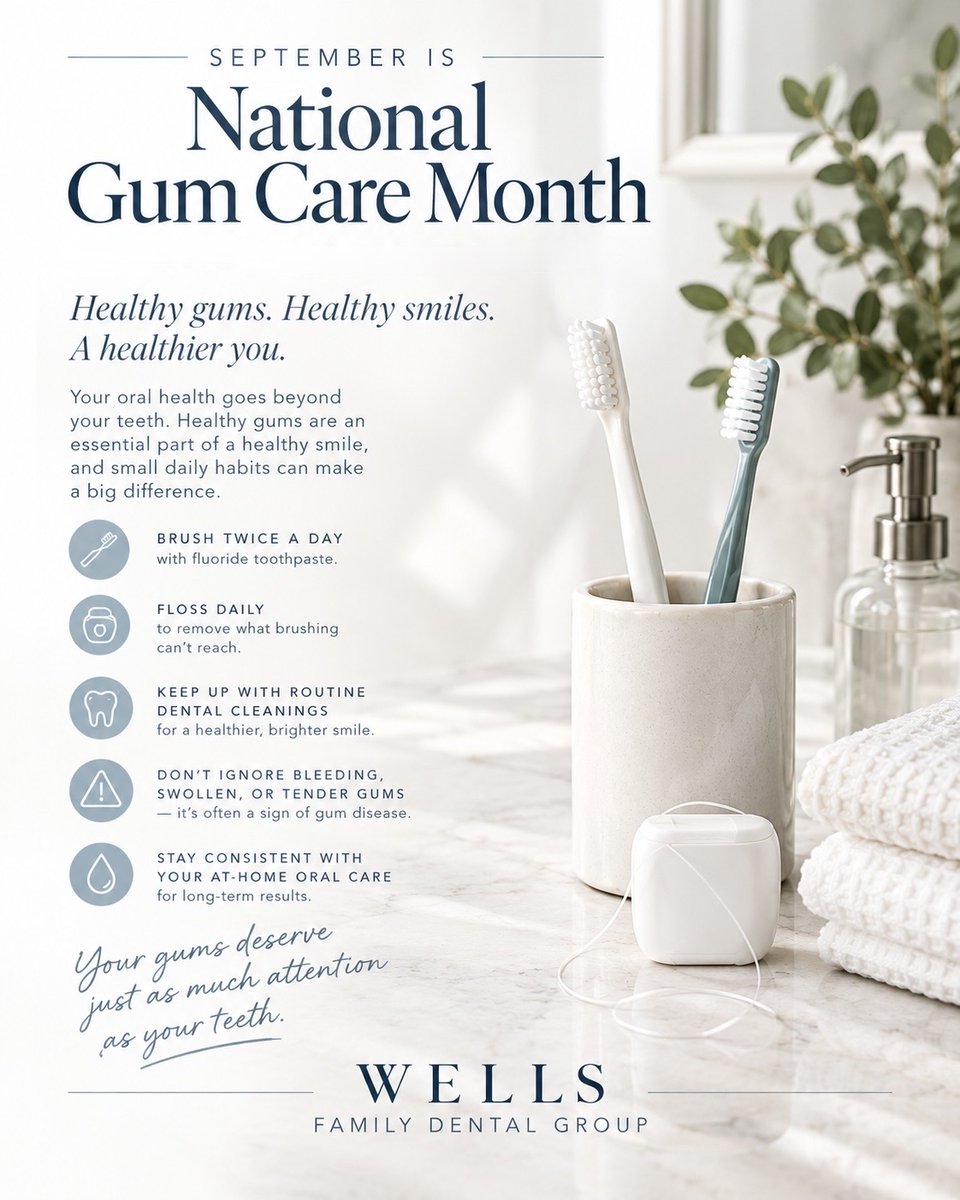 SmilesbyWFD's tweet photo. Healthy gums are the foundation of a healthy smile. 🦷✨

September is National Gum Care Month. A reminder that taking care of your smile means taking care of more than just your teeth.

Brush twice a day, floss daily, keep up with routine cleanings, and don’t ignore signs like bleeding, swollen, or tender gums.

Your gums deserve attention, too. 🤍

#WellsFamilyDentalGroup #NationalGumCareMonth #NationalOralHealthMonth #GumHealth #OralHealth #HealthyGums #HealthySmile #RaleighDentist