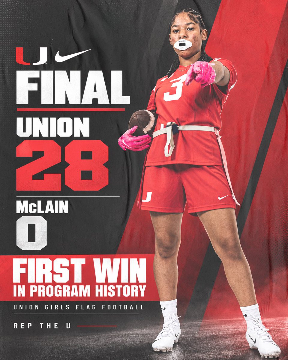 Union_Athletics's tweet photo. HISTORY: MADE.

The first win in Union Girls Flag Football history belongs to THIS TEAM.

Union gets it done tonight, 28-0, for a milestone that will forever be part of the story of this program.

Remember this team. They’re building something. ❤️🖤

#UnionStandard #allmylife https://t.co/AfImX1diCl