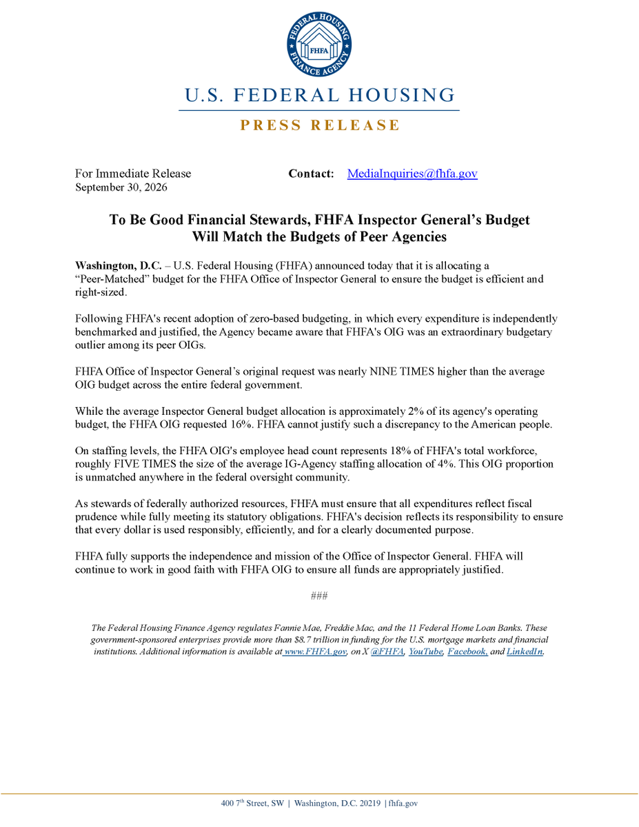 FHFA's tweet photo. To Be Good Financial Stewards, FHFA Inspector General's Budget Will Match the Budgets of Peer Agencies https://t.co/nvqFIFvCv6