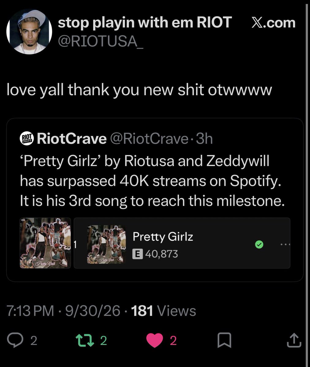 RiotCrave's tweet photo. Riot confirms new music is on the way soon in new tweet. 
‘love yall thank you new shit otwwww’ https://t.co/V0fDoXMmxn