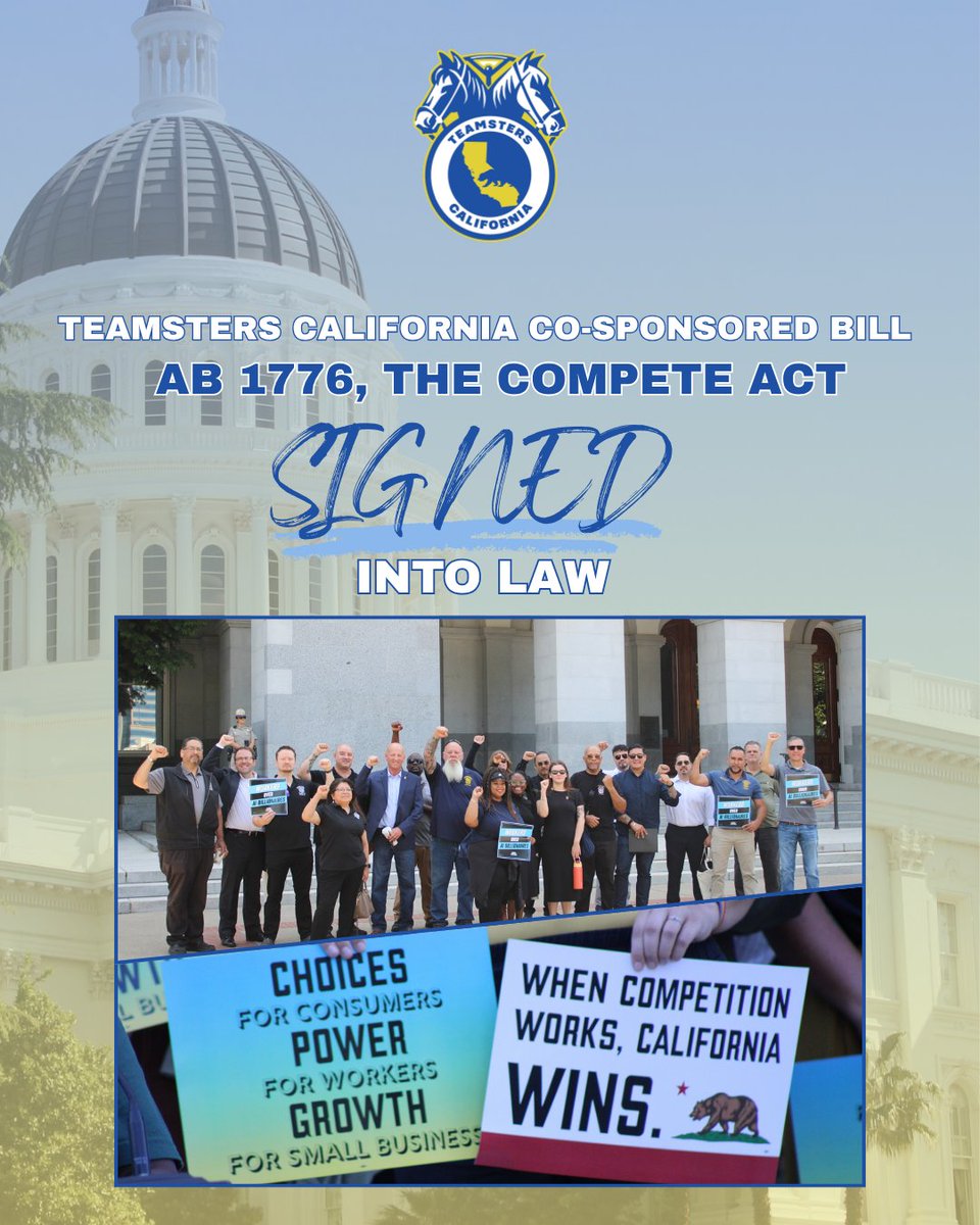 TeamstersCA's tweet photo. (1/4) "Statement from Teamsters California Co-chairs, Peter Finn and Victor Mineros on the signing of Assembly Bill 1776, the COMPETE Act, into law, “Today, as AB 1776 was signed into law, working Californians should remember this momentous day as a win that was carried https://t.co/H1iPv6HSEz