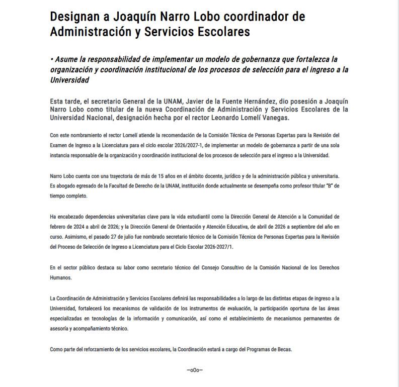 nacholozano's tweet photo. La #UNAM designó a Joaquín Narro Lobo como coordinador de Administración y Servicios Escolares, a dos meses de que se detectaron trampas en el #examen de ingreso a licenciatura de la #Universidad.
Entre sus funciones, estarán fortalecer la organización y coordinación institucional de los procesos de selección para el ingreso a la Universidad.
El abogado egresado de la Facultad de Derecho ha encabezado dependencias universitarias clave para la vida estudiantil, entre ellas la Dirección General de Atención a la Comunidad de febrero de 2024 a abril de 2026.
