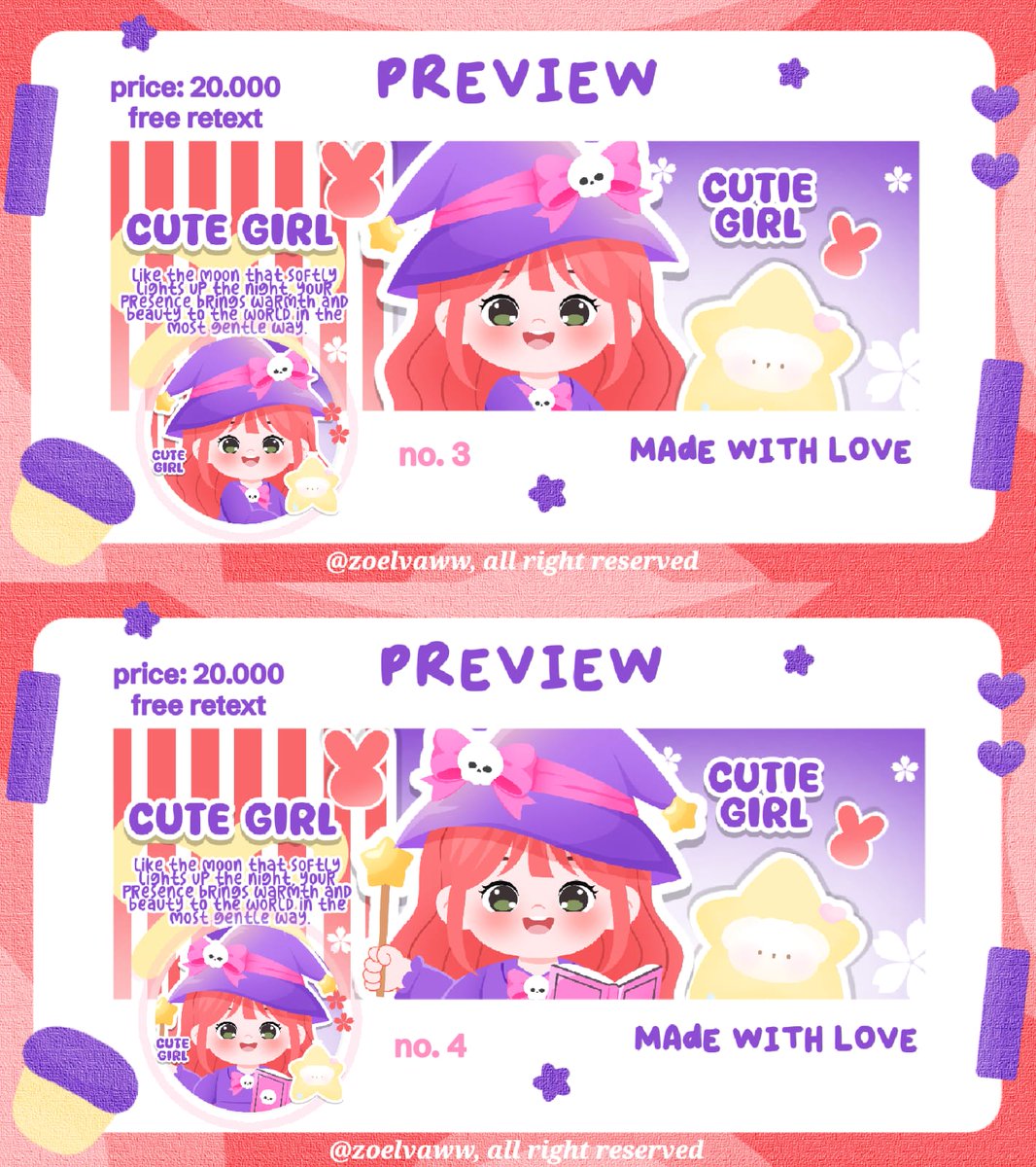 zoelvaww's tweet photo. help rt, thanks! 🩷

haii aku ada 20 ready stok layout chibi gemas harganya hanya 20.000/ea (free retext ) layout nya avail bundle wabis. yuk di take layout nya 💗 

layout x only: 20k/ea
layout wabis only: 18k/ea
bundle wabis: 38k/ea

#zonauang https://t.co/GxG37Yerhi