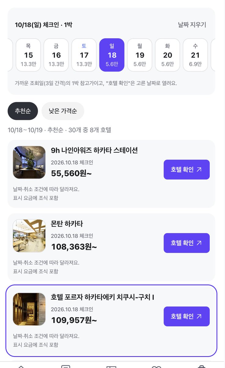 cucuoka_fukuoka's tweet photo. 후쿠오카 호텔 관련 그냥 날짜별로
저렴이들만 보이게 만듬 계속 수정하면서 ㅋㅋ 개선중

날짜를 선택해서 보는게 아니라 ㅋㅋ 
그냥 해당 날짜에 저렴이들 호텔들 보여주는거!

그리고 괜찮은 애들만 골라놨음 호텔 https://t.co/EorWcTs3lz