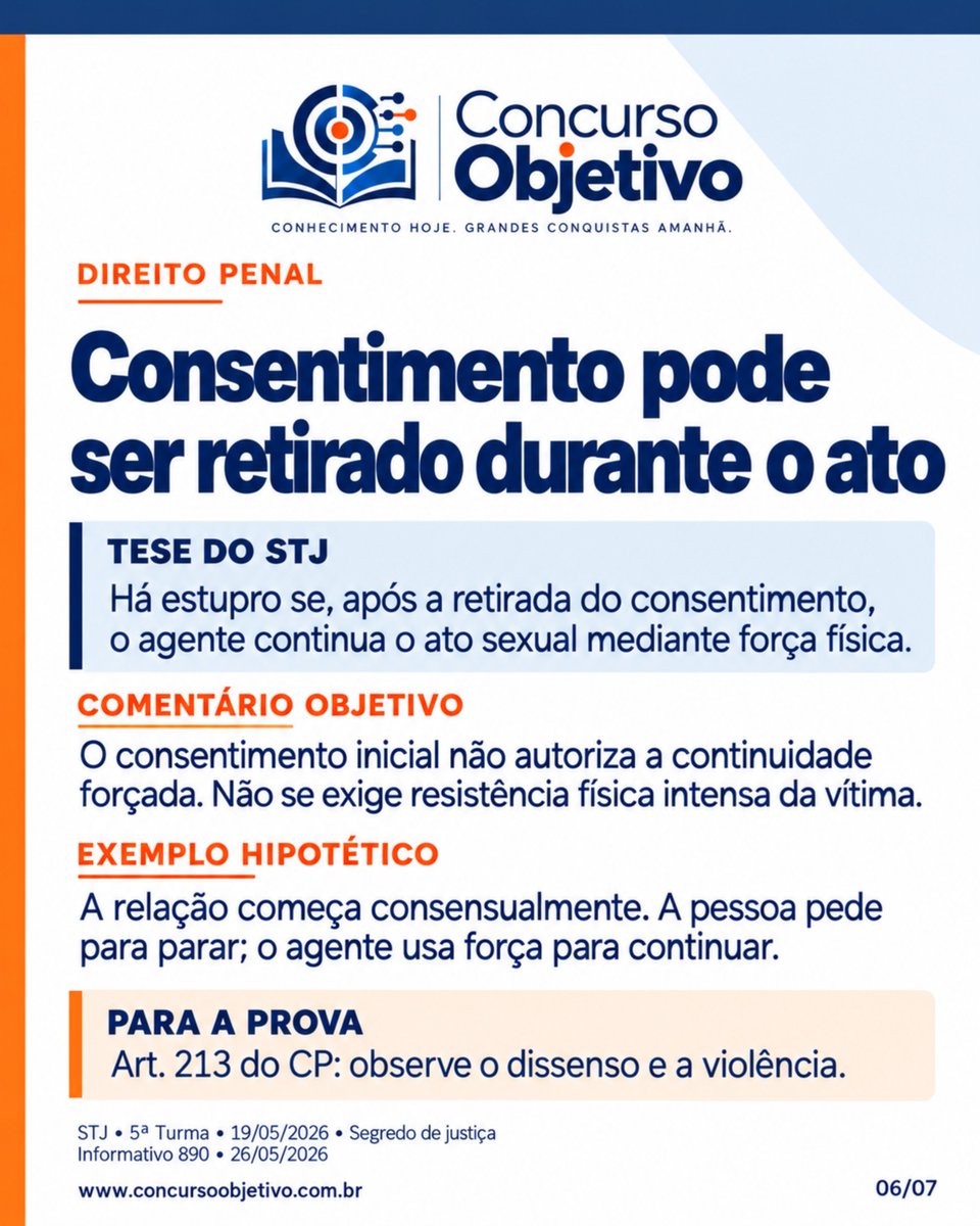 concurso_obj's tweet photo. Consentimento pode ser retirado durante o ato
Para o STJ, se o consentimento é retirado e o ato sexual continua mediante força física, pode haver configuração de estupro.
O consentimento inicial não autoriza continuidade forçada.
⚖️ Informativo 890 comentado no site. https://t.co/2DHrX7jMxN