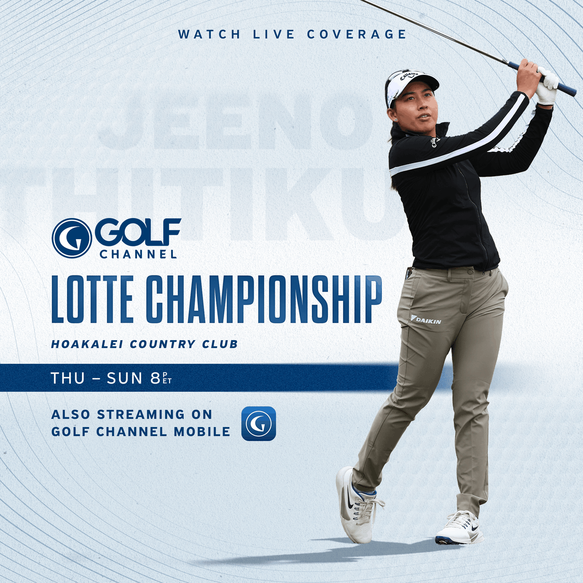 GolfChannel's tweet photo. The LPGA Tour is back in action this week in Hawaii for the Lotte Championship 🏝️

Catch all the action live on Golf Channel and Golf Channel Mobile https://t.co/wGlavuFHdi