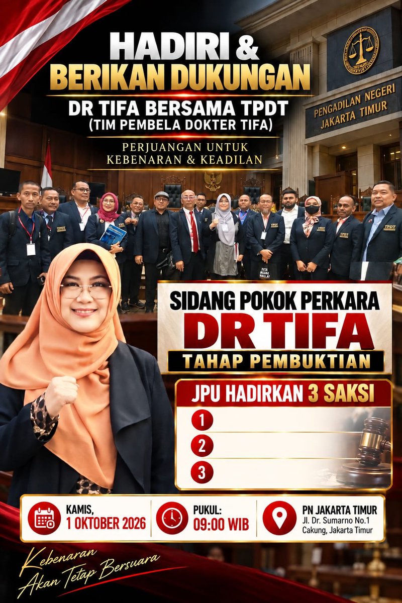 DokterTifa's tweet photo. HARI INI 1 OKTOBER 2026
HARI KESAKTIAN PANCASILA.
HARI PENGUJIAN KEBENARAN DI RUANG PERSIDANGAN.

Hari ini, Kamis, 1 Oktober 2026, saya bersama Tim Advokat TPDT (Tim Pembela Dokter Tifa) kembali menghadapi persidangan pokok perkara.

Kami datang dengan pertanyaan-pertanyaan yang telah kami siapkan, untuk diajukan kepada para pelapor yang dihadirkan oleh JPU.

Namun, sungguh disayangkan, pelapor pertama, JOKO WIDODO, , tidak tercantum dalam daftar pelapor yang diperiksa hari ini.

Sungguhpun demikian, 
Kami menghormati proses hukum yang sedang berjalan.
Kami percaya bahwa persidangan adalah tempat untuk menguji keterangan, menguji bukti, menguji argumentasi, dan menemukan kebenaran berdasarkan hukum.

Saya tidak melawan orang.
Saya melawan perilaku.
Terutama perilaku apa pun yang, apabila terbukti, dapat merugikan martabat, kehormatan, dan kepentingan bangsa dan negara.
Karena bagi saya, perjuangan ini jauh lebih besar daripada kepentingan pribadi.

Saya hanya seorang manusia dengan segala keterbatasan.
Maka pada hari ini, saya menyerahkan seluruh ikhtiar kepada Allah.
Hasbunallahu wa ni'mal wakil.
Ni'mal maula wa ni'man nashir.
La hawla wa la quwwata illa billah.

Kami hadir.
Kami bertanya.
Kami menguji.
Kami ikuti proses hukumnya.
Selebihnya, kami serahkan kepada Allah dan kepada keadilan.

Kebenaran, InsyaAllah berteman dengan keberanian. 

1 Oktober 2026
PN Jakarta Timur.
Bismillah.
