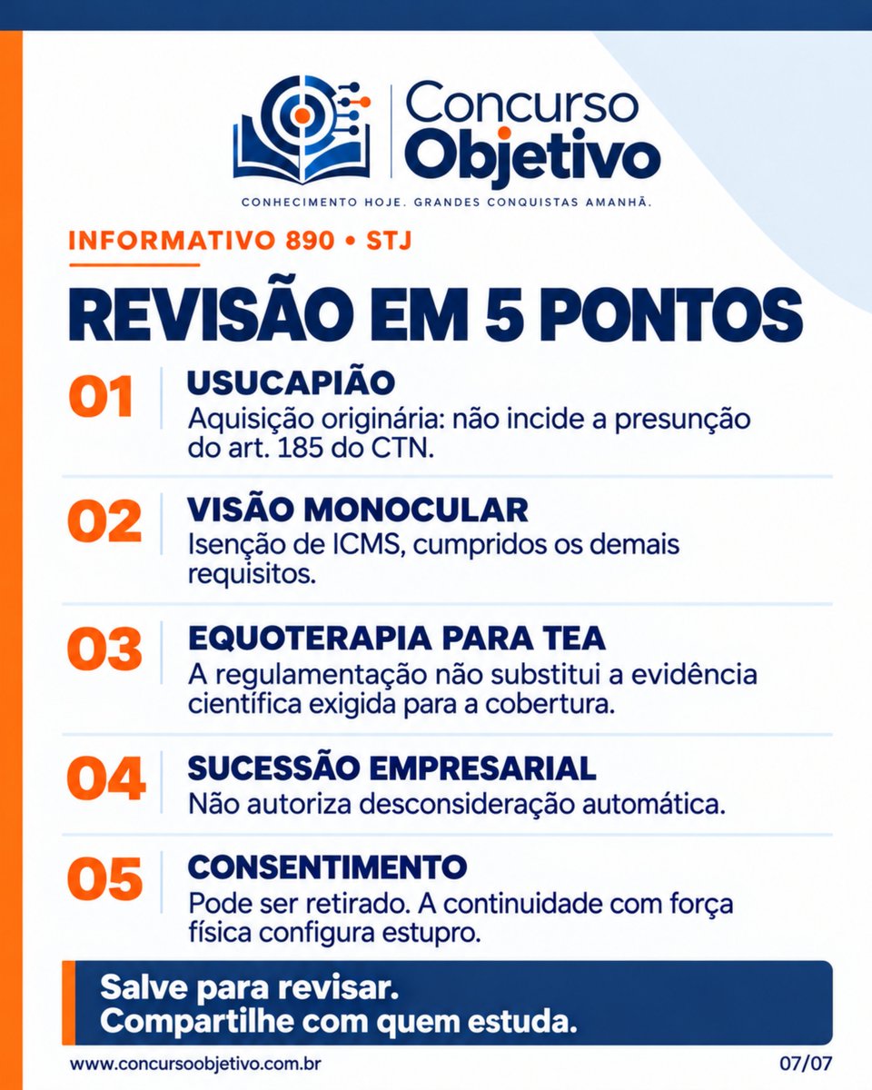 concurso_obj's tweet photo. Revisão do Informativo 890 do STJ em 5 pontos:
• usucapião
• visão monocular e ICMS
• equoterapia para TEA
• sucessão empresarial
• consentimento e estupro
Material gratuito na aba Informativos:
https://t.co/IhelZpaJ5X https://t.co/UyZZ9WQcES