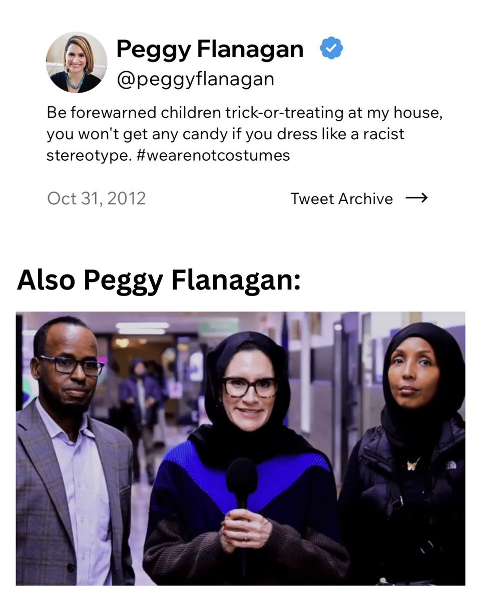 GrageDustin's tweet photo. Peggy Flanagan once said she would turn away kids on Halloween if they came to her house dressed like a racist stereotype.

Same person who put on a full hijab to appeal to Somalis, by the way. https://t.co/rMxBShMu2o