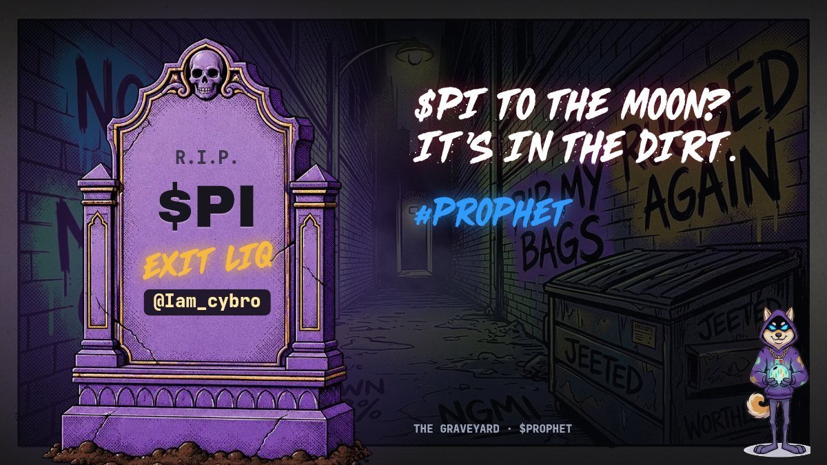 iam_major2's tweet photo. $PI was a room with no handle on the inside. @iam_cybro & I strolled in anyway. Entering takes a click. Leaving takes a real, written plan.

I kept holding because "the price has to bounce eventually" sounded completely reasonable every time I looked. A chart does not owe any of us a comeback.

I waited on this turnaround and did not draw a clear exit line, so the hesitation did the rest.

Prophet's Graveyard is where the position got its closure at last. Card attached, @ProphetTheDog
Easy in, no way out, costlier hope.

What is the priciest "a little longer" you have ever told yourself?