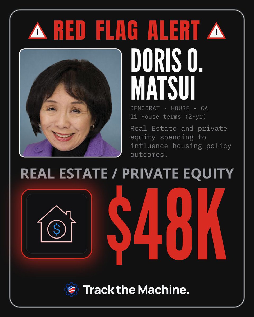 TurnLeftPAC's tweet photo. π© RED FLAG: Per @TracktheMachine, FEC reports show Doris Matsui (D-CA) has received $48K in total donations from real estate and private equity. Track the money, all the way to the vote. #TrackTheMachine https://t.co/8hUE3kftGR