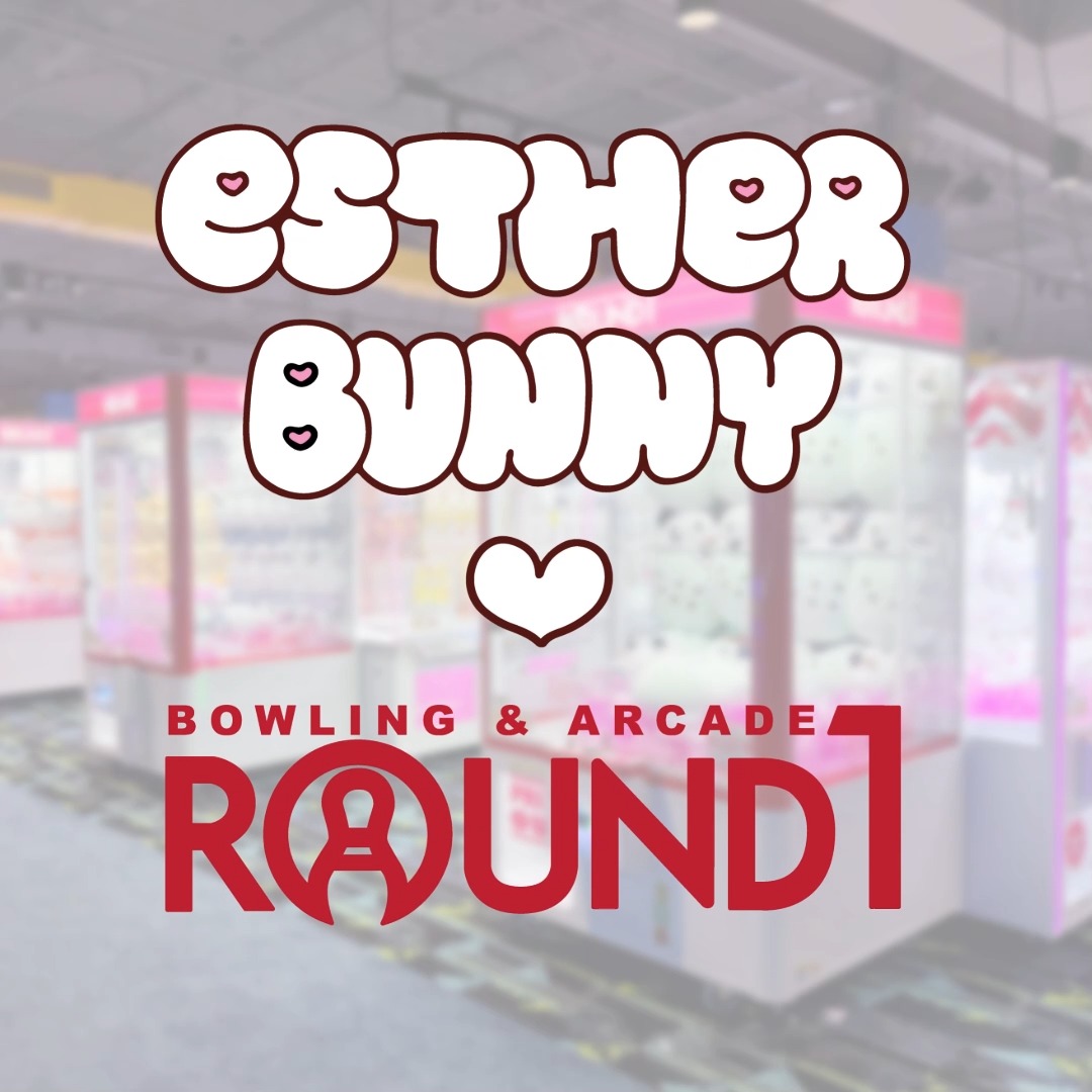 A promotional graphic for Round1 USA features "ESTHER BUNNY" in bubbly white lettering with heart accents above the red "BOWLING & ARCADE ROUND1" logo, set against a blurred background of claw machines. The image visually announces the latest Esther Bunny collaboration merchandise, including the new Marshmallow design, available at Round1 locations.