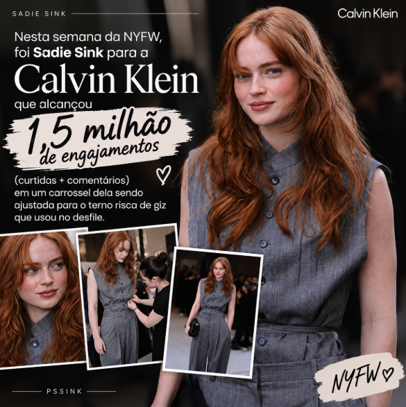 psadiesink's tweet photo. Durante a New York Fashion Week, Sadie Sink marcou presença no desfile da Calvin Klein e se destacou também nas redes sociais.

O conteúdo de Sadie para a marca, mostrando os preparativos e a prova do terno risca de giz usado no desfile, alcançou 1,5 milhão de engajamentos — entre curtidas e comentários. 🔥

reprodução: Style Analytics | website

#SadieSink #CalvinKlein