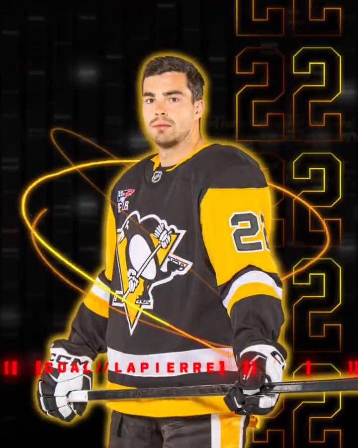 A graphic features a hockey player in a black and yellow Pittsburgh Penguins jersey (number 22) with glowing yellow orbital rings, and red text reading '// GOAL // LAPUERRE //' along the bottom.