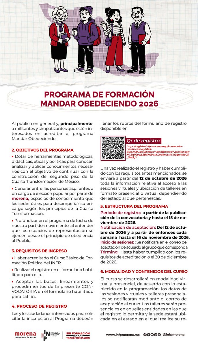 infpmorena's tweet photo. 📣 Convocatoria del Programa de Formación Mandar Obedeciendo 

El Instituto Nacional de Formación Política de morena convoca a protagonistas del cambio verdadero y simpatizantes de @PartidoMorenaMx  a participar en la siguiente generación del Programa Mandar obedeciendo, dirigido a las y los aspirantes a las coordinaciones defensa de la cuarta transformación.

📲Les invitamos a leer detenidamente la convocatoria y realizar su registro en el siguiente enlace: 
https://t.co/puGi0ZOwyF

📅 Periodo de registro: Del 30 de septiembre  15 de noviembre de 2026.
💻 Notificación de aceptación: A partir del 12 del octubre de 2026.

¡Sin formación, no hay transformación!