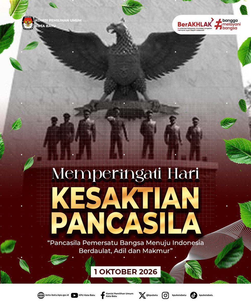 KPUBatu's tweet photo. #TemanPemilih, segenap pimpinan dan jajaran Sekretariat KPU Kota Batu mengucapkan:

Selamat Memperingati Hari Kesaktian Pancasila, 1 Oktober 2026.

Pancasila adalah nilai yang menyatukan kita sebagai bangsa.

 #Pancasila https://t.co/Y9VM7QetXr