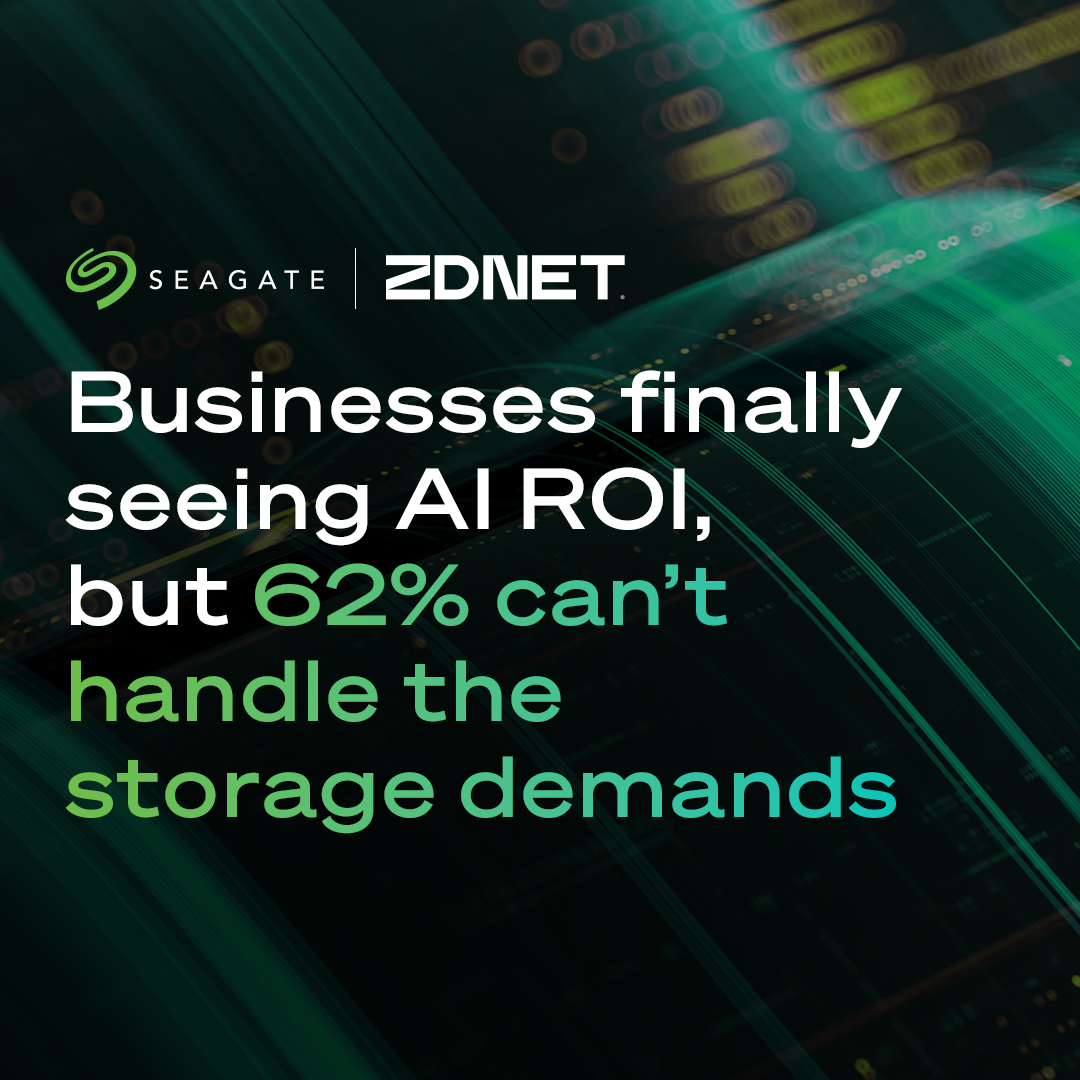 Seagate's tweet photo. Organizations are seeing #AI ROI. The challenge now is supporting the #data growth that comes with it.

@ZDNET covers key findings from our Data Infrastructure Readiness Report and the strategies needed to scale AI sustainably. Read more: https://t.co/mK6TpVhn8I https://t.co/skzhCRfQUC