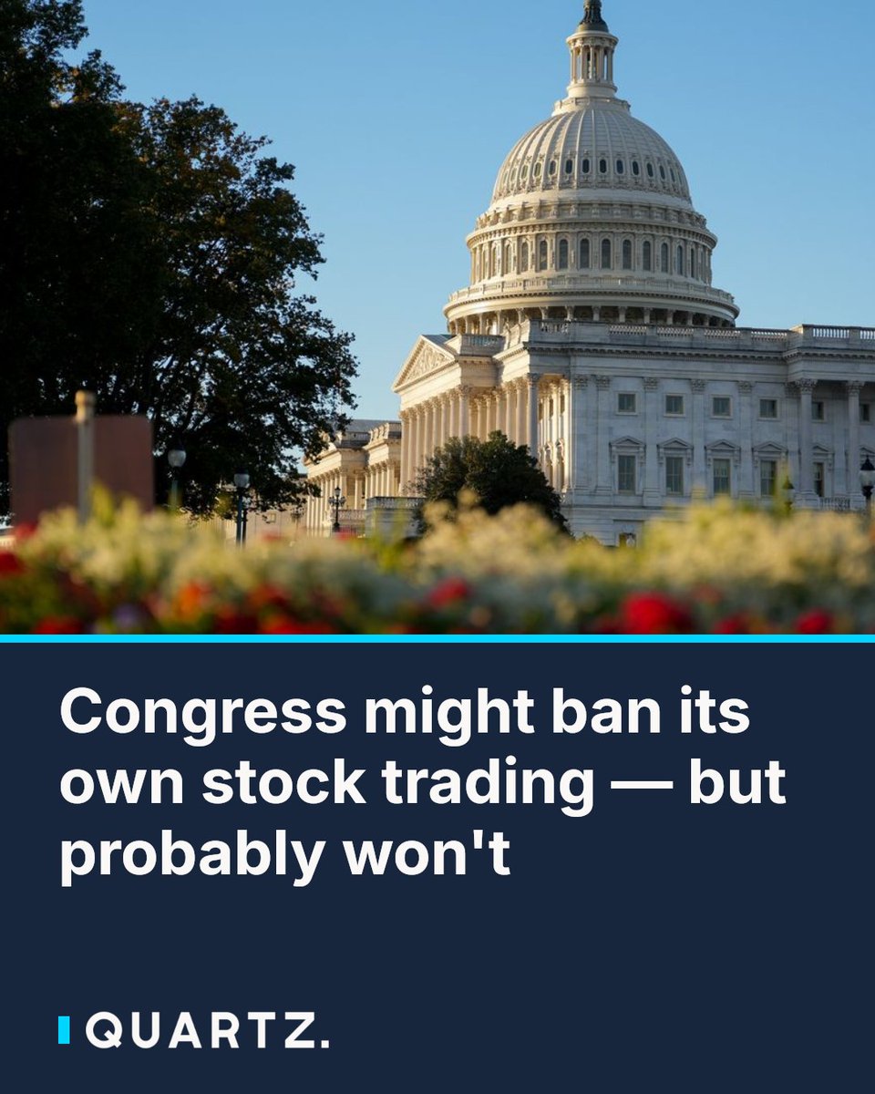qz's tweet photo. Congress might ban its own stock trading — but probably won't
The Senate is voting this week on a bill to bar lawmakers from buying individual stocks, backed by 86% of voters — but it's expected to die by filibuster before recess.
#StockTradingBan #StopInsiderTrading #Congress https://t.co/HSsiRcZ7b3