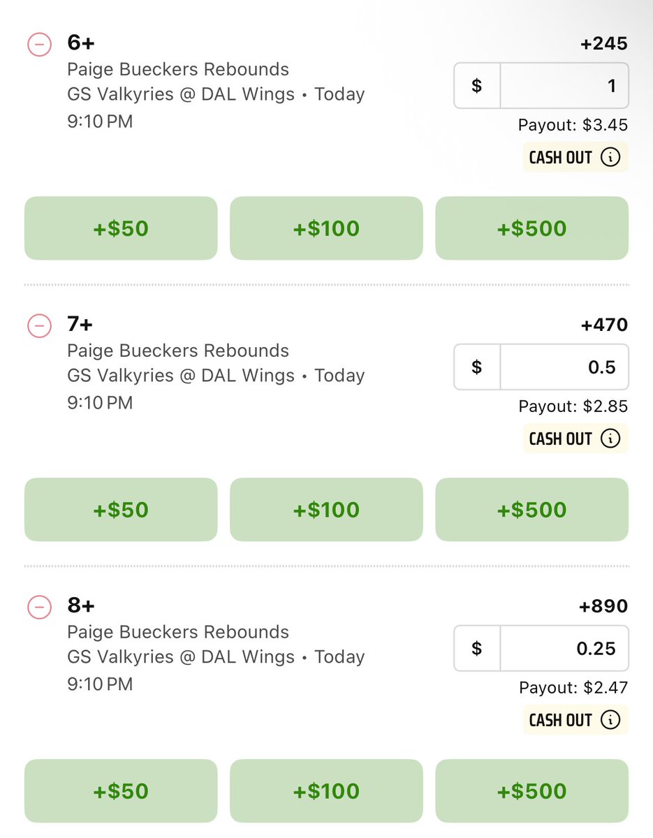 PrycePicks's tweet photo. WNBA PLAY 🏀 

Paige Bueckers Rebounds Ladder 💎 

She played only 25 minutes last game but had 6 rebounds. This is a do or die game for the Wings. I expect Paige to play as much as possible. Valkyries have the best defense in the WNBA. There will be many rebound chances this game and most likely low scoring. She will hustle and put her 100% effort on the floor and will be rebounding tonight

Official Play:

6 Rebounds - 1 unit
7 Rebounds - .5 unit
8 Rebounds - .25 unit

❤️ if you’re tailing! Let’s defeat the books together 

#GamblingX #WNBA #NBA