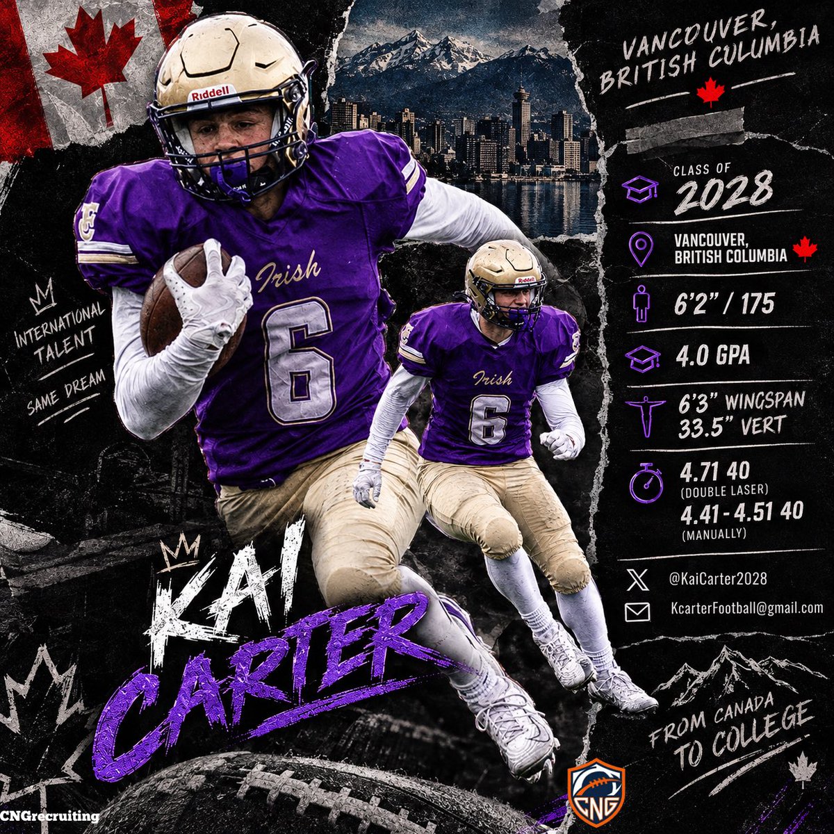 CoachGalatis's tweet photo. 🚨 COLLEGE COACHES — KAI CARTER SHOULD BE ON YOUR RADAR 🚨

🇨🇦 Kai Carter | Class of 2028
🏫 Vancouver College HS | Vancouver, BC
🏈 DB / WR / LS
📚 4.0 GPA
📏 6’2” | 170 lbs
⚡ 100M: 11.4s
⬆️ Standing Vertical: 32”
🏆 2025 Special Teams Player of the Year

Kai is a versatile, high-upside student-athlete with the athletic profile, academics and intangibles to warrant evaluation from programs at the D1 FBS, D1 FCS and D2 levels.

Kai comes from the same Vancouver College program that produced LSU Safety Ty Benefield.

College coaches had the opportunity to find Ty early.

Don’t miss the opportunity to find Kai. 👀🏈

🎓 NCAA ID: 2602824545

📩 Kcarterfootball@gmail.com
📱 @KaiCarter2028

#CNGrecruiting #CollegeFooball #HighSchoolFootball #FootballRecruitment #FootballRecruiting