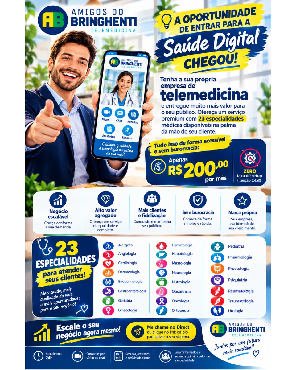mbringhenti's tweet photo. A oportunidade de entrar para a Saúde Digital chegou!

Tenha a sua própria empresa de telemedicina e entregue muito mais valor para o seu público. Ofereça um serviço premium com 23 especialidades médicas disponíveis na palma da mão do seu cliente. https://t.co/DSGrM0Evl5
