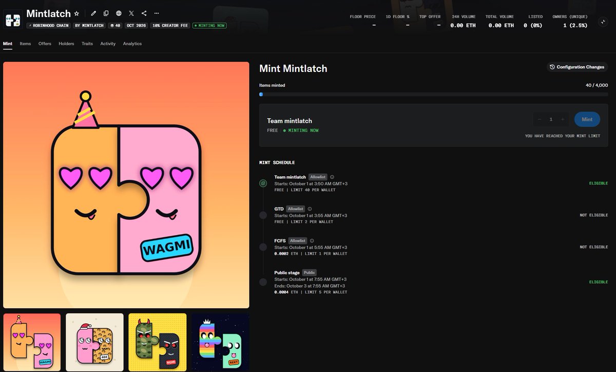 mintlatch's tweet photo. Mintlatch mint is live 🟢

The Mintlatch NFT is your pass to the fast lane:
⚡ one tap mints from a service wallet
⏱ automint the second a public stage opens
🧩 first access to new tools

Live on Robinhood Chain via @opensea

Mint: https://t.co/9ODjDbKA6E https://t.co/cDFFxNV4bb