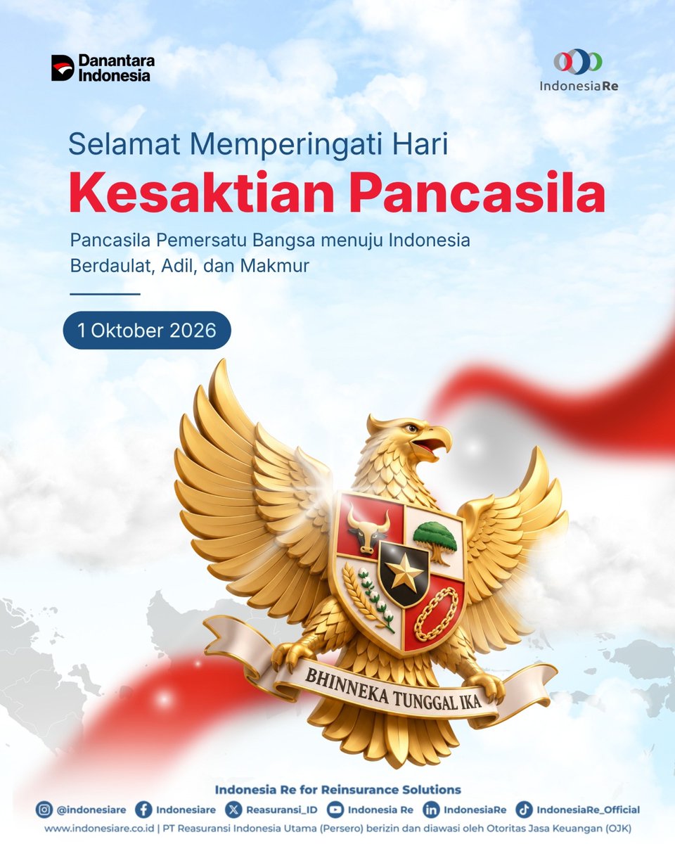 Reasuransi_ID's tweet photo. Segenap Keluarga Besar PT Reasuransi Indonesia Utama (Persero) mengucapkan Selamat Memperingati Hari Kesaktian Pancasila.

Mari jadikan Pancasila sebagai landasan untuk memperkuat persatuan, menjaga kebersamaan, dan bersama-sama berkontribusi bagi kemajuan Indonesia. https://t.co/8QzhBTYJDo
