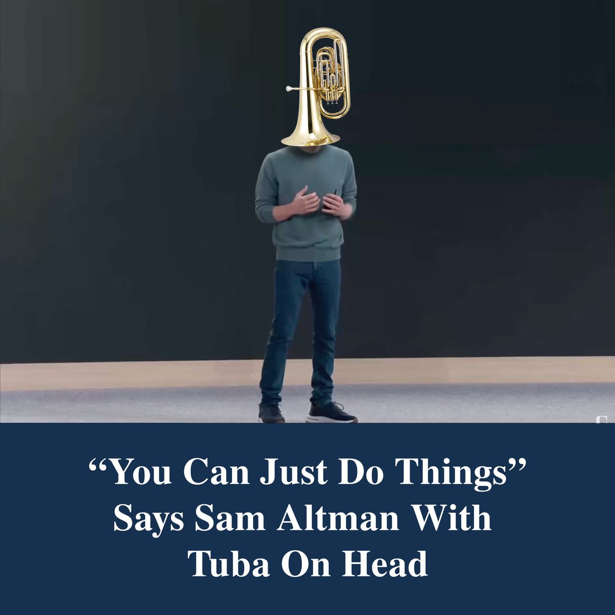 readthebubble's tweet photo. BREAKING: Sam Altman addressed a crowd on OpenAI Dev Day wearing a tuba on his head, stating "you can just do things." https://t.co/XOZ5OoqX1l