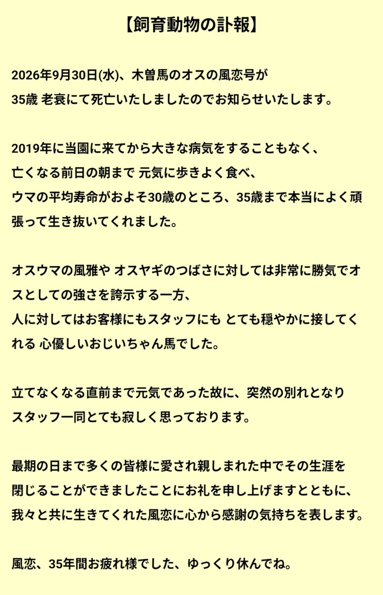 fp_ikmngkr's tweet photo. 【訃報】風恋について

#はままつフルーツパーク時之栖
#木曽馬 https://t.co/iB19CFAMVg