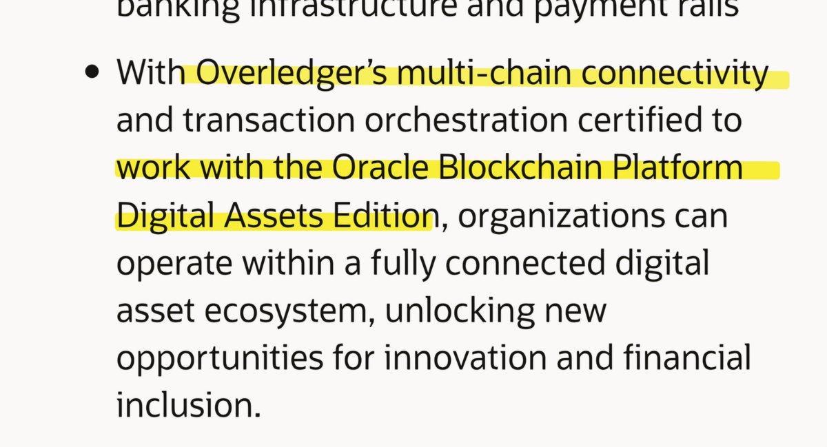juicemanaboutit's tweet photo. 🚨Today’s Oracle announcement may be one of the biggest $QNT breadcrumbs yet.🚨

Oracle says Blockchain Platform + Digital Assets Data Nexus connect institutions into SWIFT LEDGER, host Swift commitment contracts, orchestrate the workflow, and bridge those flows into ISO 20022

Separately, Oracle has already certified Quant Overledger for its Digital Assets Edition as a cross-ledger interoperability/orchestration layer. 

Every connection and flow is there. 

The only missing receipt: confirmation that Overledger is actually invoked in the Swift Ledger runtime path. (NDA?) Once that domino falls... Holy hell 🚀

https://t.co/lRcoZZCD82