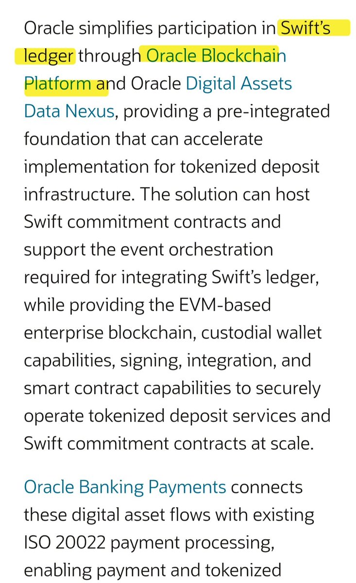 juicemanaboutit's tweet photo. 🚨Today’s Oracle announcement may be one of the biggest $QNT breadcrumbs yet.🚨

Oracle says Blockchain Platform + Digital Assets Data Nexus connect institutions into SWIFT LEDGER, host Swift commitment contracts, orchestrate the workflow, and bridge those flows into ISO 20022

Separately, Oracle has already certified Quant Overledger for its Digital Assets Edition as a cross-ledger interoperability/orchestration layer. 

Every connection and flow is there. 

The only missing receipt: confirmation that Overledger is actually invoked in the Swift Ledger runtime path. (NDA?) Once that domino falls... Holy hell 🚀

https://t.co/lRcoZZCD82