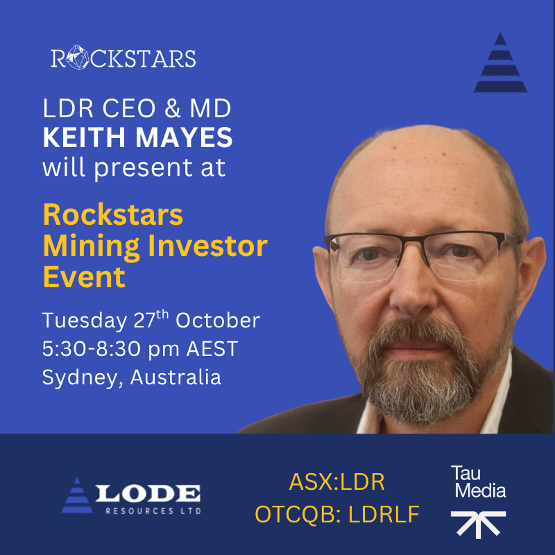 LodeResources's tweet photo. @LodeResources (ASX: #LDR) is pleased to announce that Managing Director Keith Mayes will be presenting at The Mining Rockstars Investor Event in Sydney.

Read more here: https://t.co/tlV12tGW08

$LDR.AX #MiningRockstars #Silver #ASX https://t.co/ahI47vbT2V