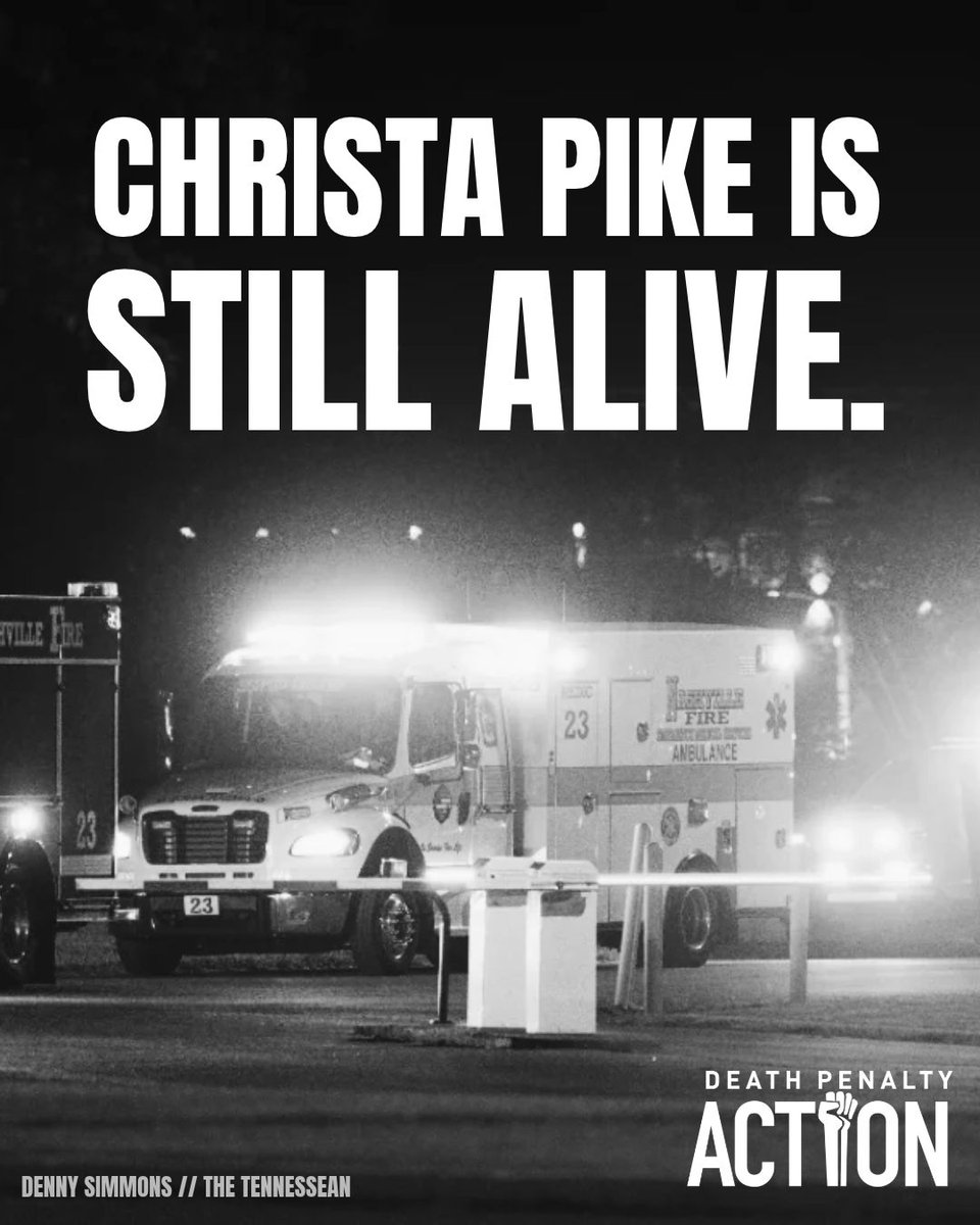 DeathPenaltyAct's tweet photo. In a stunning twist of events, Tennessee failed to execute #ChristaPike tonight - a second botched execution (or attempt) this year.
The same physician who presided over the botched execution of Tony Carruthers earlier this year, was also involved in tonight's fiasco.
After the first lethal dose of pentobarbital failed to kill Christa, they administered another. More than an hour later she was still alive. Emergency services showed up at the prison and hauled her off. It has been confirmed that she is STILL ALIVE.
It is unclear what comes next, if she'll ultimately survive, or what kind of impact receive two massive, deadly doses of the barbiturate will have on a living person.
TDOC officials closed the curtain to the witness chamber multiple times. Media reports that they could audibly still hear her breathing while curtains remained closed. Ultimately they were escorted out while it was clear Christa was still alive.
We will do our best to keep you informed on tonight's INSANE series of events.