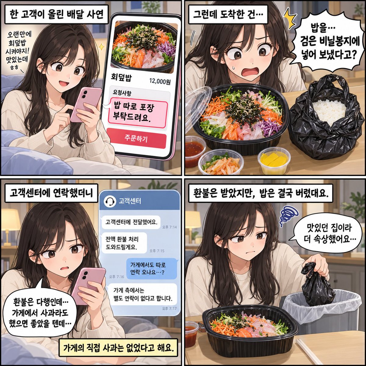 huchupick's tweet photo. 회덮밥을 주문하면서 “밥은 따로 포장해 주세요”라고 요청했는데, 배달 온 밥을 보고 당황했대요.

밥이 음식 용기가 아니라 검은 비닐봉지 안에 그대로 담겨 있었던 거예요.

평택의 한 음식점에서 주문했다는 고객의 사연인데요. 평소 맛있다고 생각해서 다시 주문한 곳이었다고 해요.

결국 고객센터에 상황을 알렸고 전액 환불은 받았지만, 음식점에서 따로 연락하거나 직접 사과한 일은 없었다고 합니다.

밥은 먹지 못하고 결국 버렸고요.

평소 좋아하던 맛집이었다는데, 음식 자체보다 이런 식으로 신뢰를 잃게 되는 게 더 아쉬웠을 것 같아요.