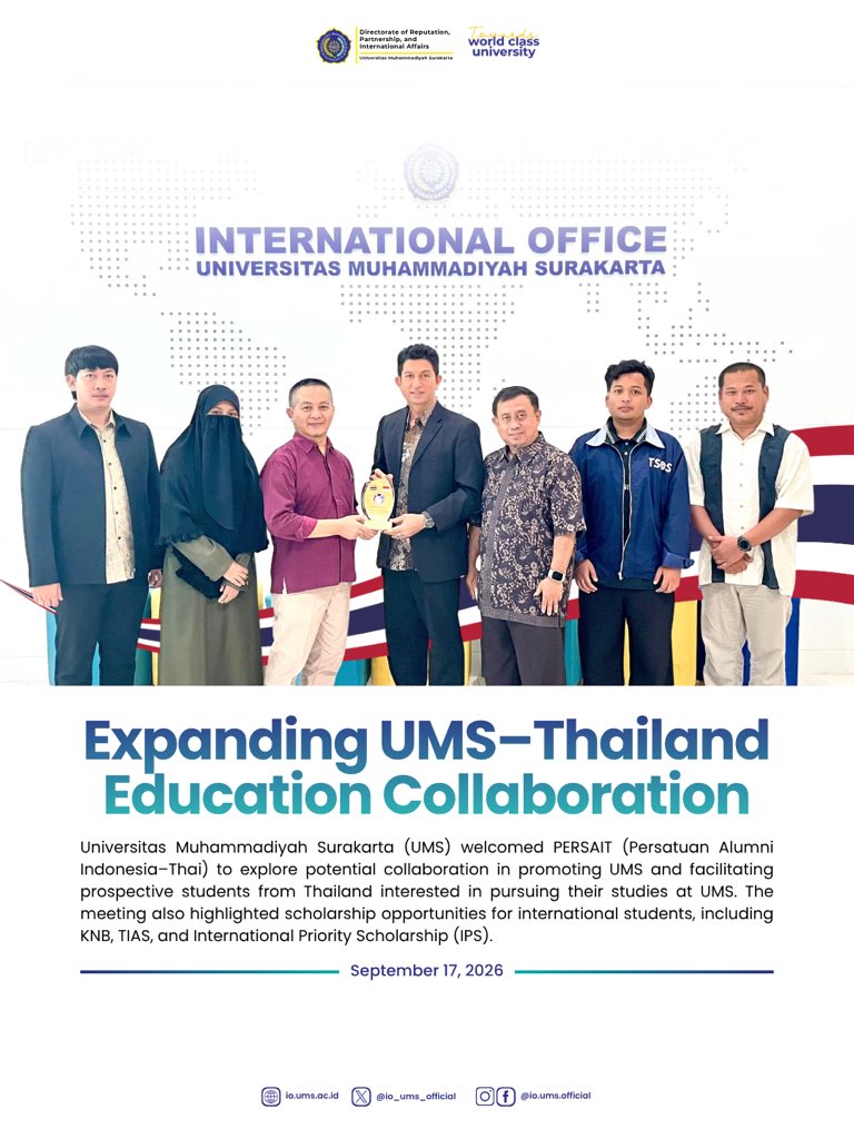 io_ums_official's tweet photo. On September 17, 2026, Universitas Muhammadiyah Surakarta (UMS) welcomed PERSAIT (Persatuan Alumni Indonesia–Thai) to explore potential collaboration in promoting UMS and facilitating prospective students from Thailand interested in pursuing their studies at UMS.
#UMS https://t.co/D1ATiDni4S