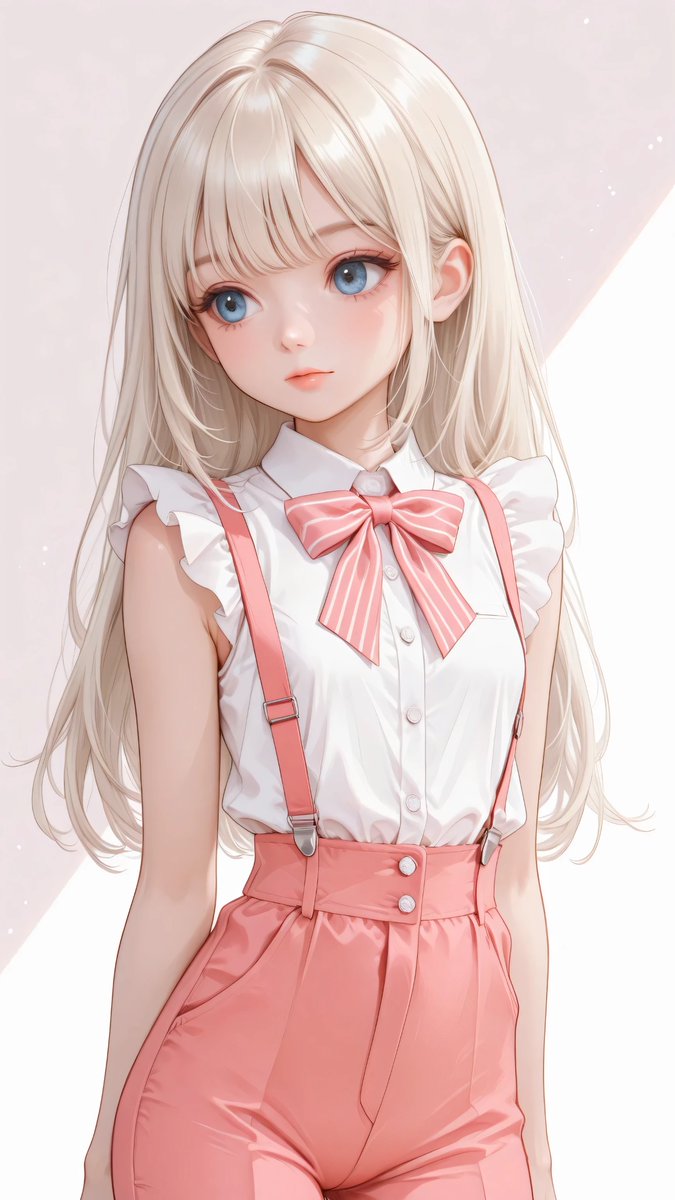AliceLavli's tweet photo. 白のフリルブラウス＋ピンクのボウタイ＋ピンクのサスペンダーパンツのコーデの衣装プロンプトをどうぞ✨
faithfully recreating only the outfit from the reference image, outfit design focus, sleeveless feminine blouse with clearly visible exposed shoulders and upper arms, soft pink and white vertical stripe pattern, high stand collar, large matching striped ribbon bow tied at the neckline, long ribbon tails falling vertically down the chest, delicate layered ruffled flutter trim around the sleeveless arm openings, airy frill edges extending slightly outward while keeping the shoulder line fully open and visible, blouse neatly fitted and tucked into the waist, very high-waisted dusty-rose pink suspender pants, structured waistband rising well above the natural waist, two wide matching suspender straps running straight upward from the front waistband over the shoulders, small round pearl-like buttons placed symmetrically at the suspender attachment points and along the upper side waist, smooth matte fabric with a clean non-glossy finish, elegant tailored construction, long full-length wide-leg trousers, straight flowing silhouette from hip to hem, soft structured drape with a refined retro feminine mood, exact color placement fixed as pale pink and white for the blouse and dusty-rose pink for the pants and suspenders, exact garment shape fixed, exact shoulder exposure fixed, exact neckline bow structure fixed, exact high-waist proportion fixed, exact wide-leg trouser silhouette fixed, exact suspender width and placement fixed, exact ruffle placement fixed, exact button placement fixed