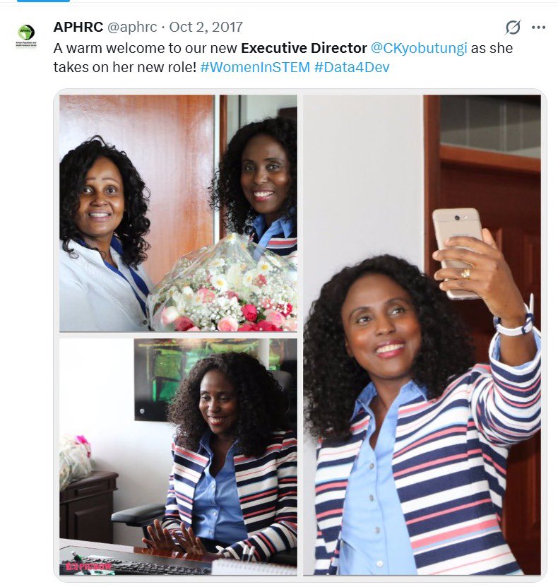 CKyobutungi's tweet photo. Nine years already 🎉🥳

Nine years ago, I became Executive Director of @aphrc with a full head of dark hair (that’s not my real hair lol). Today I have a few grey hairs and visibly less hair and nine years of memories!
I began the journey hesitant, a little anxious, facing the daunting task of keeping a great institution afloat. Nine years on, and a few kilos heavier, the anxiety and trepidation are gone. In their place? The sense that we are unstoppable!.