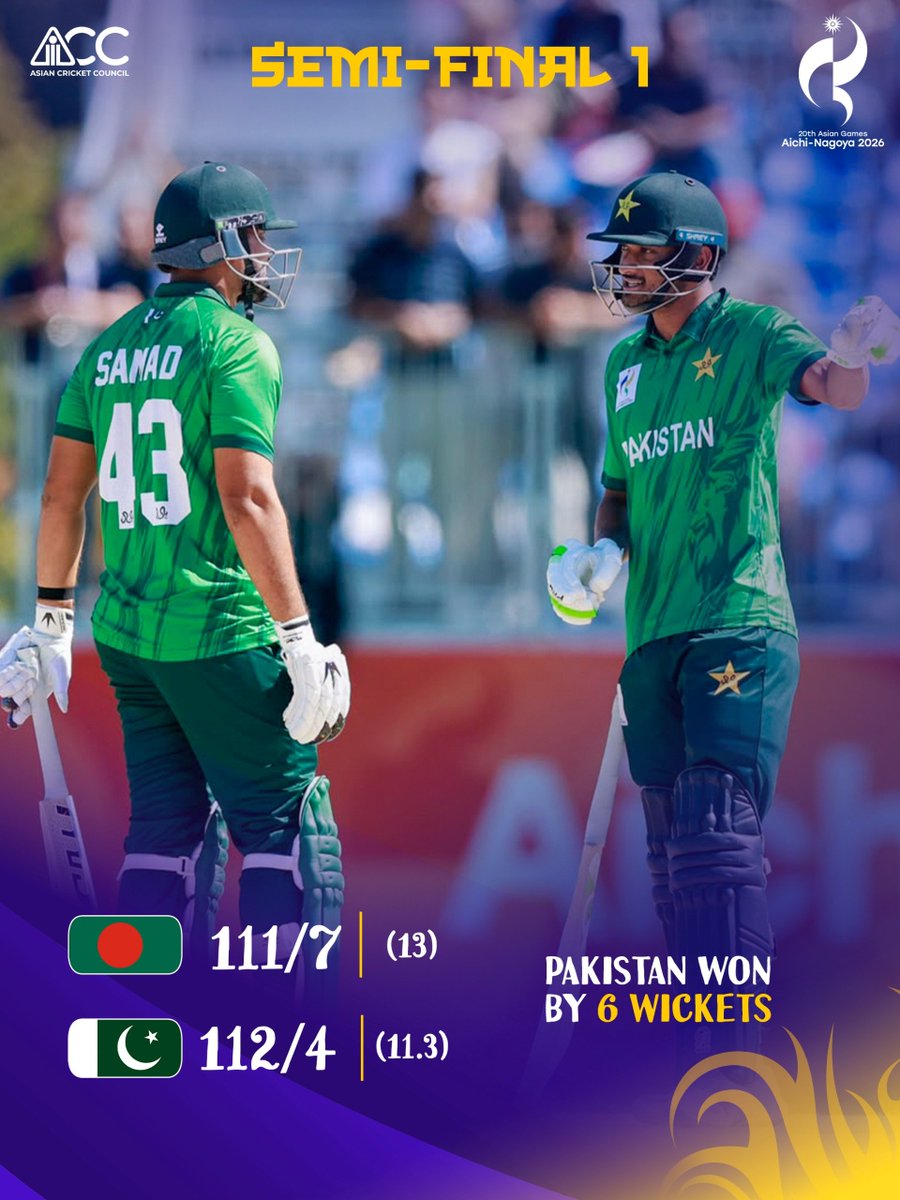 ACCMedia1's tweet photo. Nawaz and Samad came through in the run chase ~ steering Pakistan out of trouble and into the Finale 🇵🇰💪

#AsianGames2026 #BANvPAK #ACC https://t.co/alXvX2P9hx