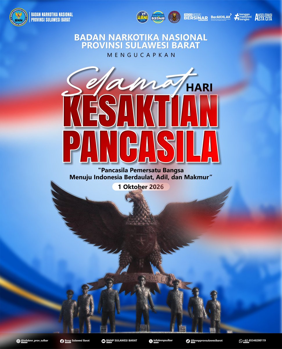 infobnnpsulbar's tweet photo. Selamat Hari Kesaktian Pancasila 
-
"Pancasila Pemersatu Bangsa Menuju Indonesia Berdaulat, Adil, dan Makmur"

- Badan Narkotika Nasional Provinsi Sulawesi Barat- 
#kesaktianpancasila2026 
#Warondrugsforhumanity 
#anandabersinar 
#Zonaintegritasmenujuwbbk 
#humasbnnpsulbar https://t.co/zCtZdMAAMz