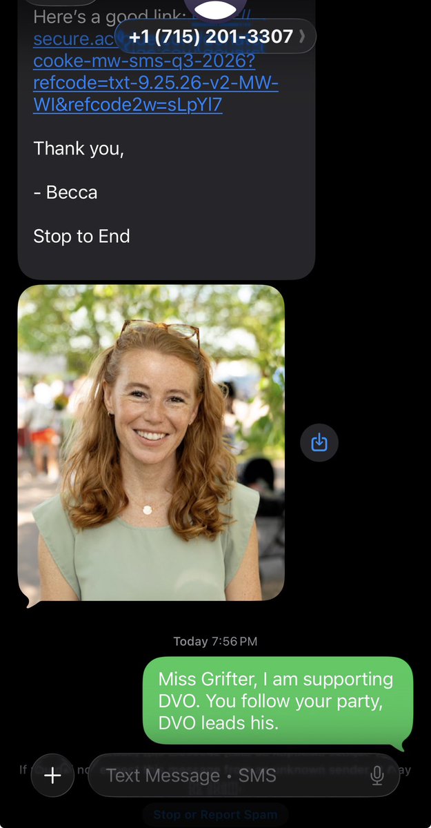 wiscobattleborn's tweet photo. @derrickvanorden has my support all the way. So Rebecca Cooke was texting me for money. Here is an epic response using Tony Blair’s playbook LOL. While Ms. Cooke follows her party, DVO is a true leader. #wi03 https://t.co/vcJlkGGaL1