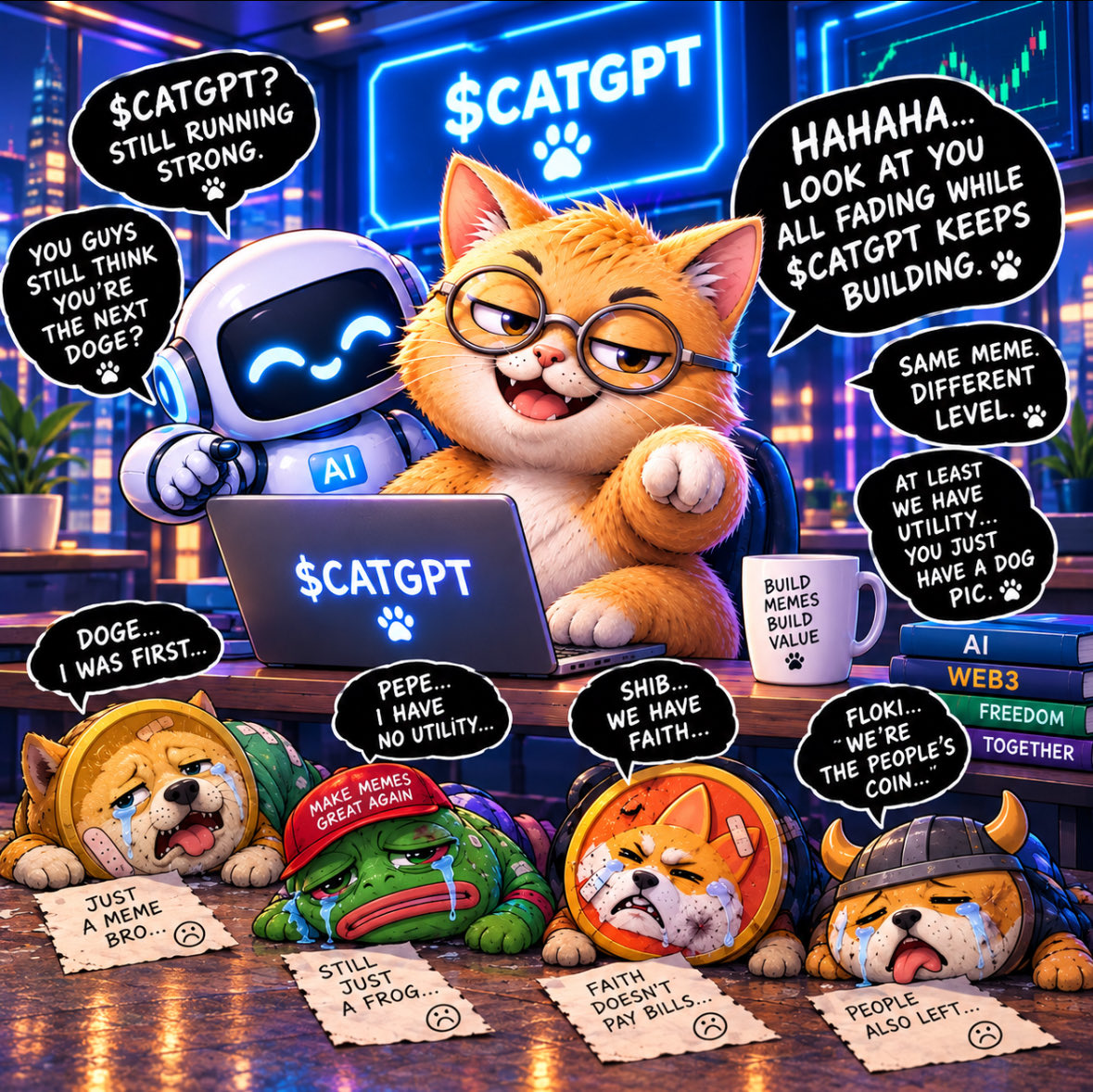 CATGPT_MM's tweet photo. $CATGPT: The AI Meme Coin Revolution! 🚀🐾
Old memes are fading, but $CATGPT is just getting started, building real value with AI &amp; Web3!
 Doge &amp; Shib: Losing steam.
 Pepe &amp; Floki: Left in the dust.
 $CATGPT: Always building, always innovating!
Same meme, different level! 💻🐱 https://t.co/zVxx3hfRBI