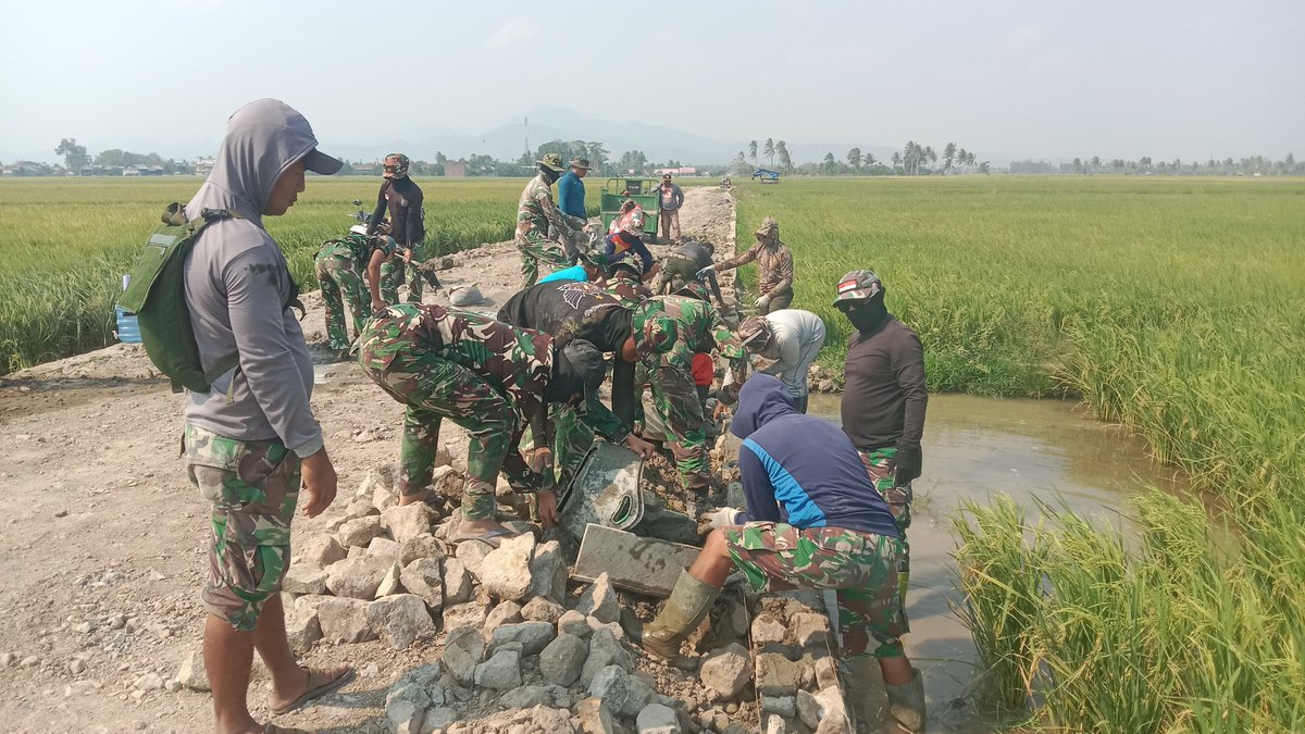 KODIM__1404_PRG's tweet photo. Dalam upaya mendukung kelancaran aktivitas masyarakat, khususnya para petani, Babinsa Koramil 1404-06/Duampanua bersama personel Polsek dan warga melaksanakan kerja bakti pembangunan proteksi jalan tani di Desa Tanratuo, Kecamatan Cempa, Kabupaten Pinrang, Kamis (1/10/2026). https://t.co/w3zozzMSxm