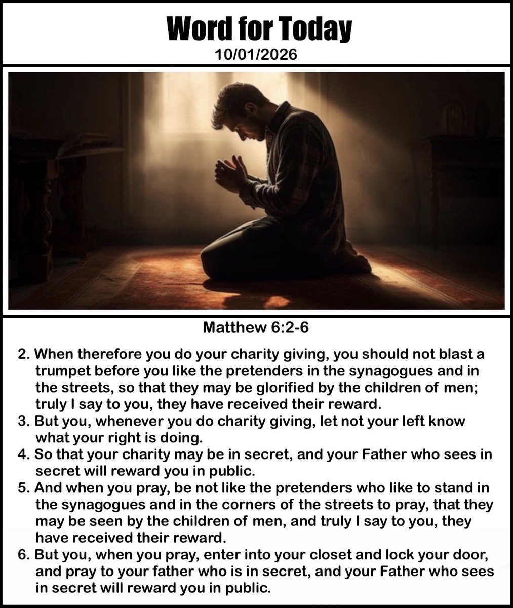 edwardbishopsr's tweet photo. @AnaLee06084892 @MMcLaughlinsong @mercytriumphs_ @AviellaLloyd @TammyDoodleDo @Franklin_Graham @CDNFred @PensivePoet97 @EllaFlash @PilgrimBlues79 @WallWatchmanRC @csaltz7777 @jamielcantu
#WordforToday @edwardbishopsr
10/01/2026
{ Word for Today - 20 Tishrei 5787}
Matthew 6:2-6 https://t.co/kZsQBBLhwu