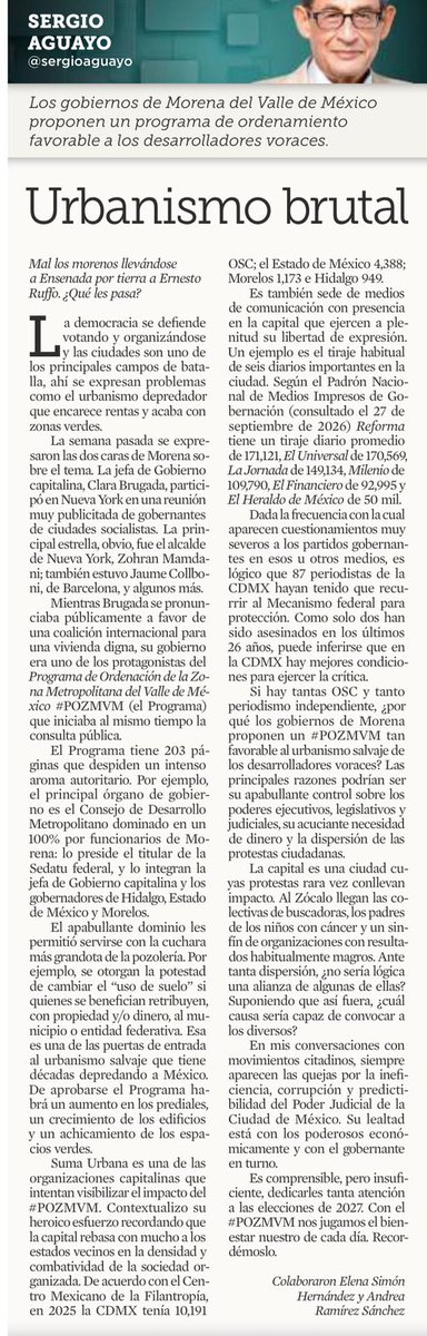 PGDCDMX's tweet photo. Como bien dice Sergio Aguayo: urbanismo brutal.
Los gobiernos de Morena en el Valle de México proponen un programa de ordenamiento hecho a la medida de los desarrolladores voraces.
Dominan al 100% el Consejo Metropolitano, se dan el poder de cambiar el uso de suelo a cambio de dinero o predios, y amenazan con subir prediales, construir más y reducir áreas verdes.
¿Esto es planeación o saqueo autorizado?
#POZMVM