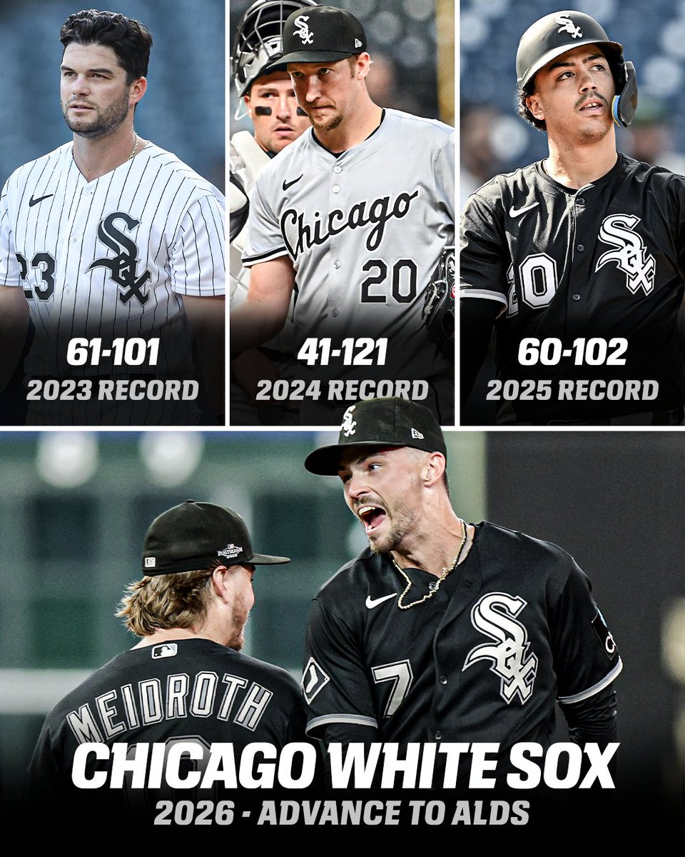 espn's tweet photo. A TURNAROUND FOR THE AGES IN CHICAGO!

After three straight 100+ loss seasons, the 2026 White Sox are headed to the ALDS 🔥 https://t.co/DgMzopuphc