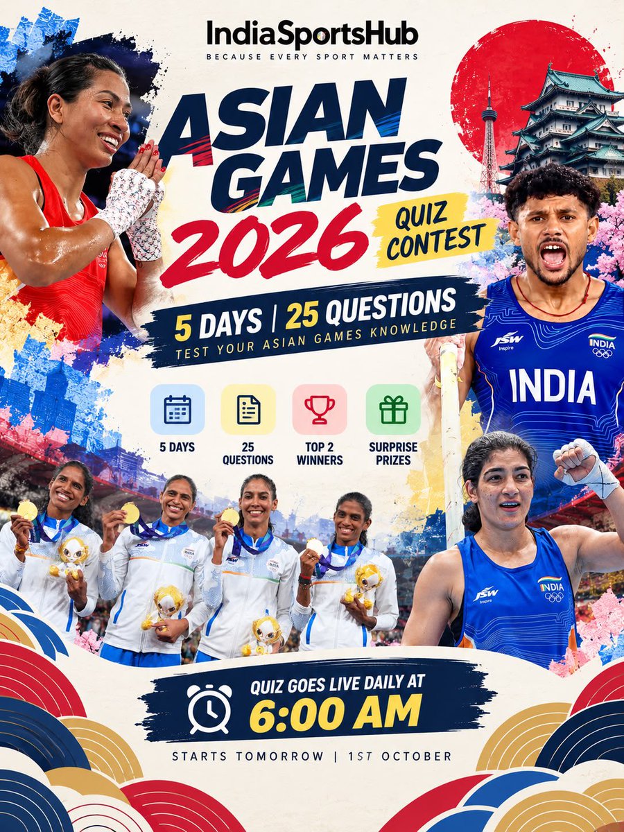 IndiaSportsHub's tweet photo. 🎯 ASIAN GAMES QUIZ IS HERE! 🇮🇳🔥

5️⃣ Days | 2️⃣5️⃣ Questions
🏆 Top 2 win surprise prizes! 🎁

Test your Asian Games knowledge and climb the leaderboard! 💪

⏰ Quiz goes live daily at 6:00 AM
📅 Starts October 1

Let the quiz begin! 🇮🇳

#AsianGames2026 #QuizContest #TeamIndia #IndiaSportsHub #BecauseEverySportMatters